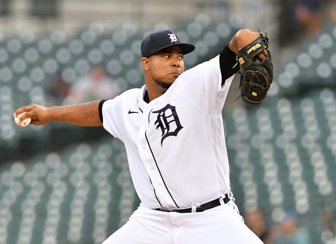 Tigers pitcher Wily Peralta works in the first inning in a game against the Milwaukee Brewers at Comerica Park in Detroit on Sept. 14, 2021.