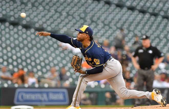 Brewers pitcher Freddy Peralta works in the first inning.