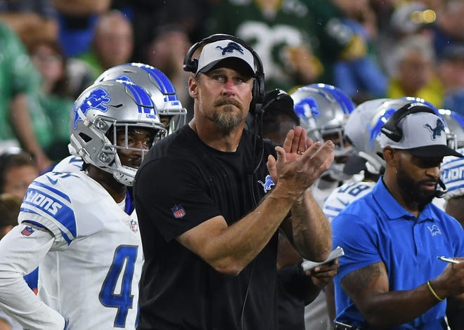 Detroit Lions head coach Dan Campbell on the sidelines in the third quarter.