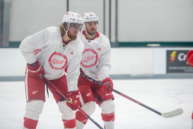 Defenseman Marc Staal, left, and center Robby Fabbri line up for a faceoff during Red Wings training camp.