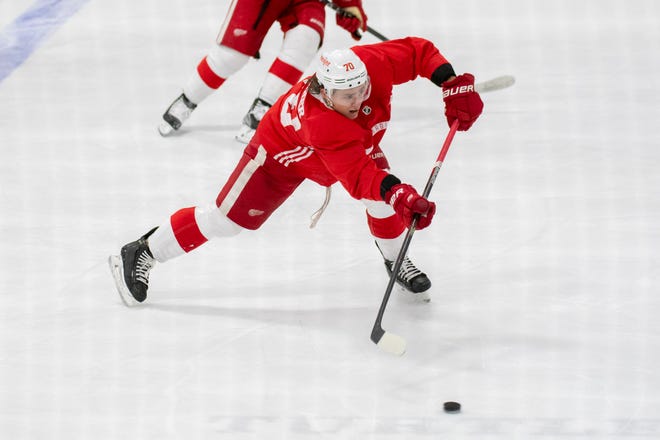 Defenseman Troy Stecher shoots the puck during Red Wings training camp.