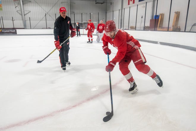 Right wing Filip Zadina skates with the puck during Red Wings training camp.