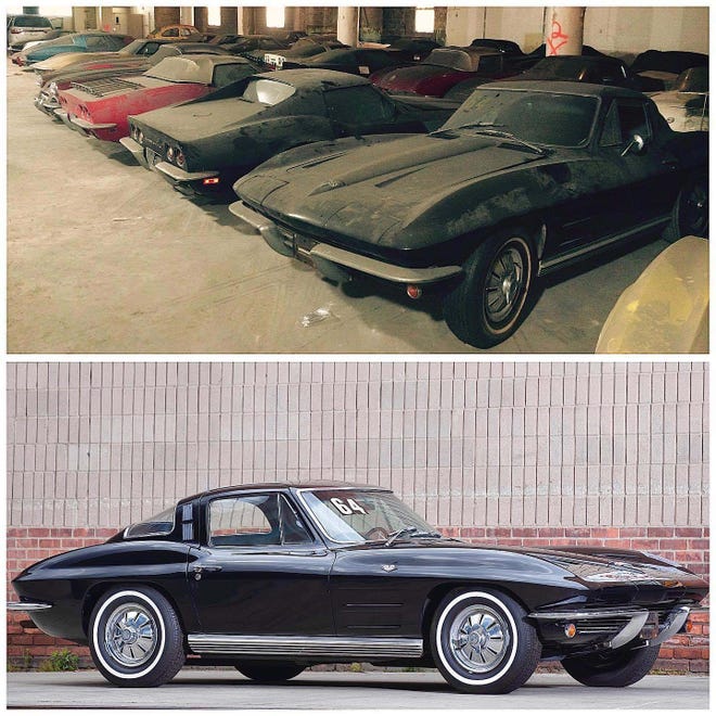 A Lost Corvette before and after its restoration.