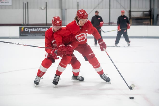 Defenseman Moritz Seider, right, pushes away right wing Lucas Raymond while battling for the puck during Red Wings training camp.