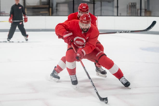 Defenseman Nick Leddy, front, keeps the puck away from defenseman Brian Lashoff during Red Wings training camp.