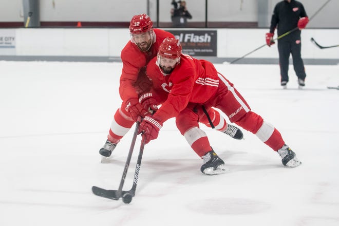 Defenseman Brian Lashoff, left, and defenseman Nick Leddy battle for the puck during Red Wings training camp.