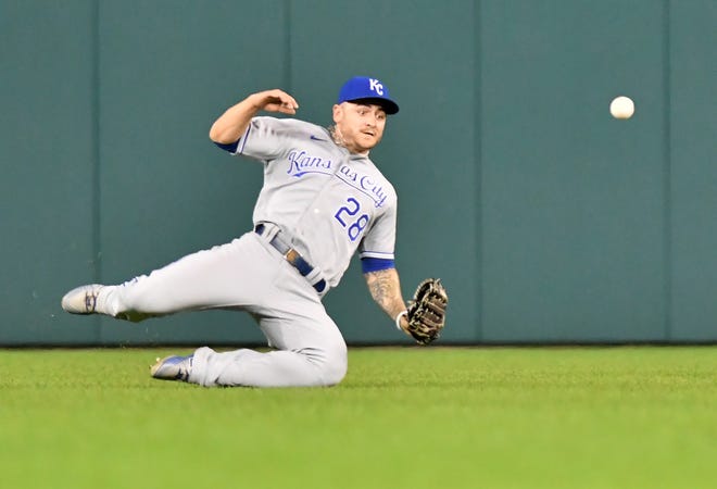 Royals outfielder Kyle Isbel does not make the play on a single by Tigers’ Jonathan Schoop in the third inning.