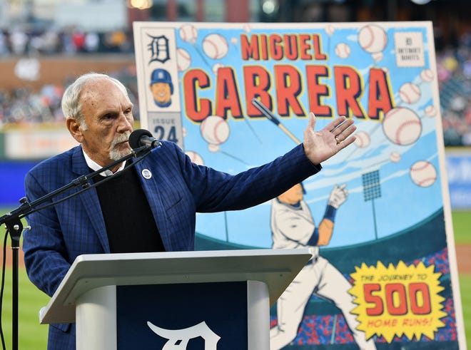 Former Tigers manager and now special assistant to the general manager Jim Leyland speaks during a special pregame ceremony celebrating Miguel Cabrera and his journey to 500 home run.