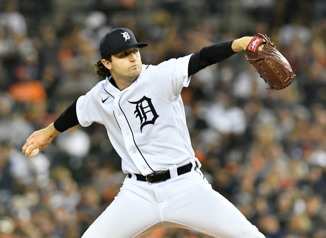 Tigers pitcher Casey Mize works in the second inning.   Detroit Tigers vs Kansas City Royals at Comerica Park in Detroit on Sept. 24, 2021.