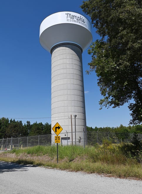 This water tower will support Ford Motor Co. ' s Blue Oval City campus in west Haywood County, Tennessee.