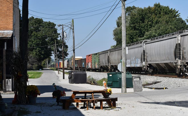 A train rolls through Glendale, Kentucky, on Sept. 27, 2021.