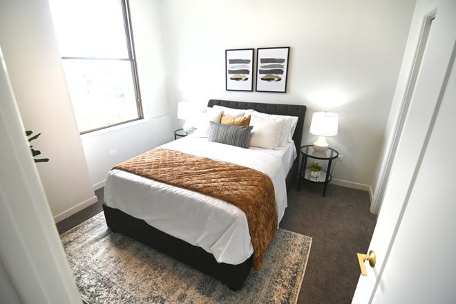 A one bedroom, one bath unit on the 8th floor at The Kahn during a tour of the apartment complex in the New Center area on Wednesday, October 6, 2021. The building has gone through a $70 million renovation which include affordable units as well as market rate ones.