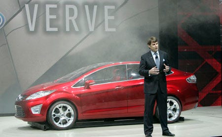Jim Farley, group vice president, marketing and communications Ford Motor Company introduces the 2009 Ford Verve during the Ford unveiling at Cobo Arena at the North American International Auto Show in Detroit, Mich. on January 13, 2008.