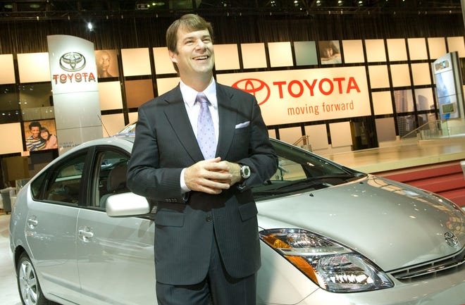 This photo released by Toyota shows Jim Farley, Group Vice President, Marketing – Toyota Motor Sales, USA, standing next to the Prius Hybrid at Toyota’s display at the New York International Auto Show, Wednesday, April 4, 2007. The best monthly sales performance ever for Toyota and gains by fellow Japanese automakers Honda and Nissan helped the industry in March top last year's best month for U.S. sales despite declines by GM, Ford and DaimlerChrysler.  Toyota's U.S. sales jumped 11.7 percent in March compared with a year ago, boosted by record hybrid sales and strong overall car sales.