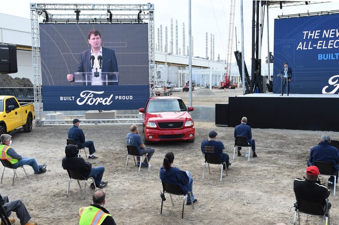 Jim Farley, COO and incoming CEO, gives his remarks during a press event to unveil the new Ford F-150  this morning.**Ford unveils the new F-150 electric truck at the historic Dearborn Truck Plant in the Rouge complex. September 17, 2020, Dearborn, MI.
