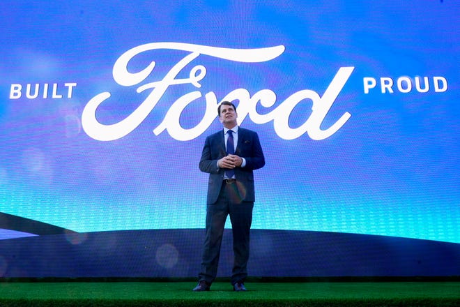 Jim Farley, Ford president and CEO, speaks during a presentation on the planned factory to build electric F-Series trucks and the batteries to power future electric Ford and Lincoln vehicles Tuesday, Sept. 28, 2021, in Memphis, Tenn. The plant in Tennessee is to be built near Stanton, Tenn.