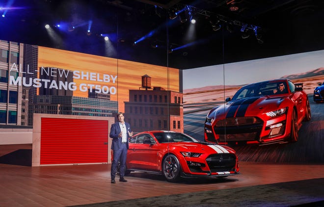 Jim Farley, Ford Motor Company Executive Vice President and President of Global Markets, reveals the 2020 Ford Mustang Shelby GT 500 at the 2019 North American International Auto Show during Media preview days on January 14, 2019 in Detroit, Michigan. More than 5,000 credentialed journalists from around the world attend the Media preview. The 2019 NAIAS features more than 750 vehicles on display and approximately 800,000 people are expected to attend.
