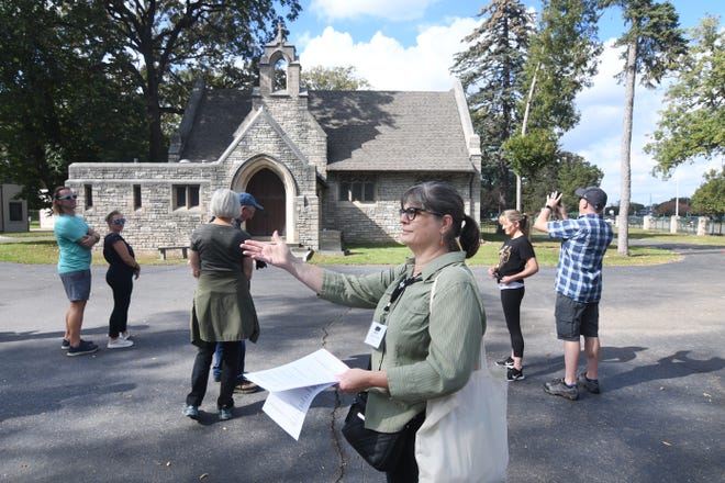 Kathleen Marcaccio, a tour guide with Preservation Detroit, outside the Freedom Chapel where civil rights activist Rosa Parks rests at Woodlawn Cemetery in Detroit on Saturday, October 9, 2021.