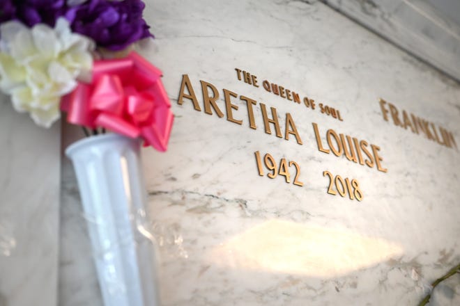 Queen of Soul Aretha Franklin's grave at the Grand  Mausoleum at Woodlawn Cemetery during a tour given by Preservation Detroit in Detroit on Saturday, October 9, 2021.