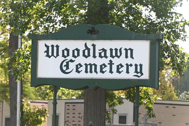 The entrance sign at  Woodlawn Cemetery in Detroit on Saturday, October 9, 2021.