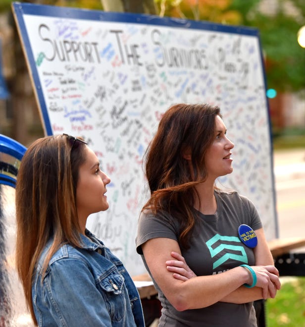 Nassar survivors Kaylee Lorincz, left, and Larissa Boyce talk to another outside the UM Presidentâ€™s house during a protest, Wednesday night, October 13, 2021.

XXXX A protest is held in Ann Arbor, Wednesday night, October 13, 2021, at UM with Anderson survivor Jon Vaughn, who is has been camped outside UM President Mark Schlissel's house since Friday. Many Nassar survivors, Anderson survivors and EMU survivors may attend, also. Some are traveling from afar. The idea behind the gathering is to bring solidarity and potential action from UM. Vaughn started protesting in front of Schlissel's house with a demand to meet with the president face to face, along with the Board of Regents. The university has been in mediation for one year with 850 accusers of Anderson, mostly men. (Todd McInturf, The Detroit News)2021.