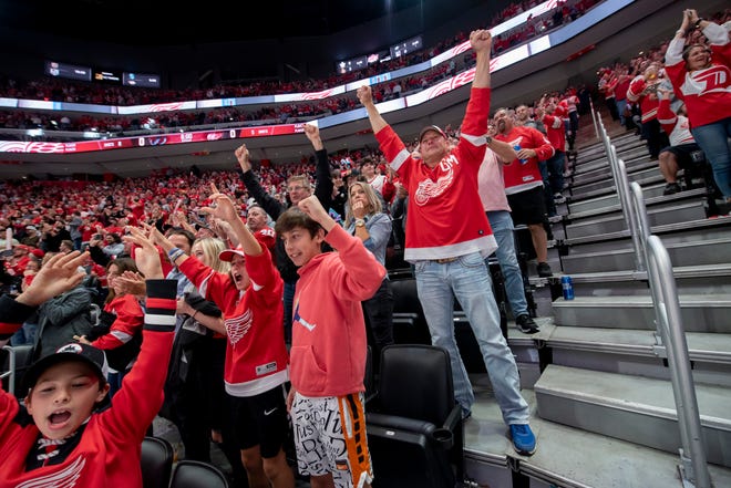 Red Wings fans celebrates after a goal by Dylan Larkin during the first period.