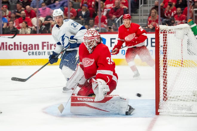 A goal by Lightning left wing Ondrej Palat (not shown) slips past Red WIngs goaltender Alex Nedeljkovic during the second period.