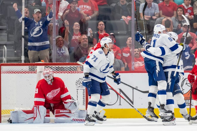 Red Wings goaltender Alex Nedeljkovic turns away as the Lightning celebrate a goal by Alex Killorn to tie the game late in the third period.