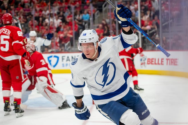 Lightning left wing Ondrej Palat celebrates his goal during the second period.