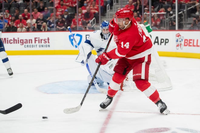Detroit center Robby Fabbri passes the puck during the third period.