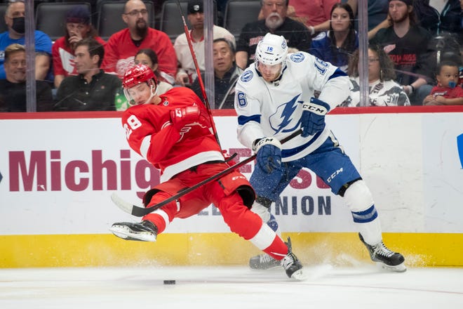 Red Wings defenseman Gustav Lindstrom loses his footing while playing the puck with Lightning right wing Taylor Raddysh during the second period.