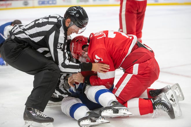 Red Wings center Dylan Larkin fights with Lightning defenseman Jan Rutta during the second period Thursday night.