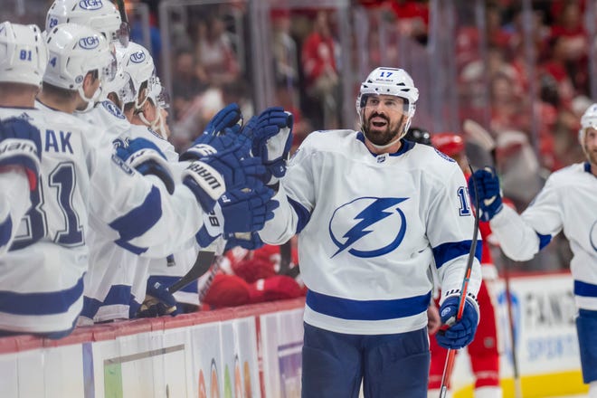 Tampa Bay left wing Alex Killorn celebrates after scoring the tying goal during the third period.