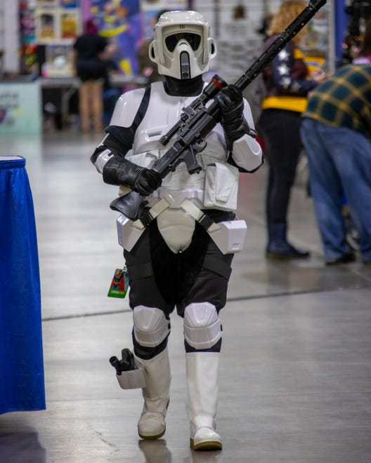 A Star Wars soldier walks around during the Motor City Comic Con at the Suburban Collection Showplace in Novi, Friday.