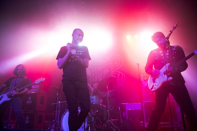 Touche’ Amore’ (from left) bassist Tyler Kirby, singer Jeremy Bolm, drummer Elliot Babin and guitarist Nick Steinhardt perform.