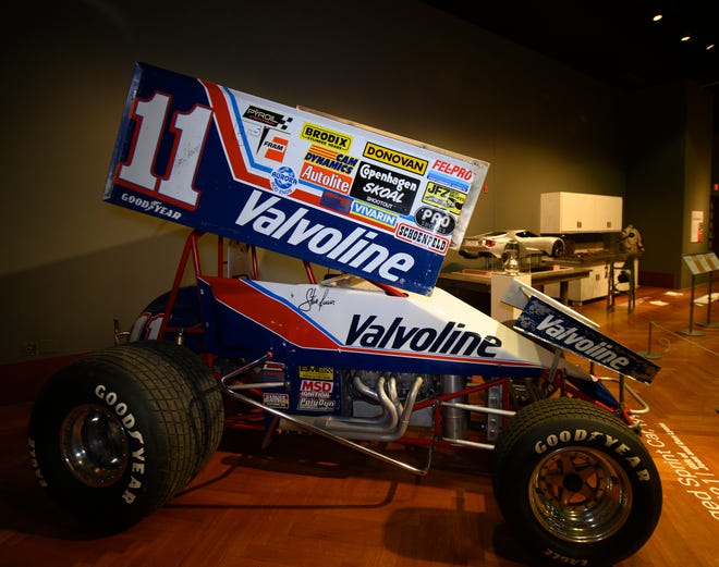 A winged sprint car driven by Steve Kinser during the 1993 World of Outlaws cicuit, on display at a new exhibit at the Henry Ford Museum  "Collecting Mobility: New Objects, New Stories.", Wednesday, Oct. 20, 2021.