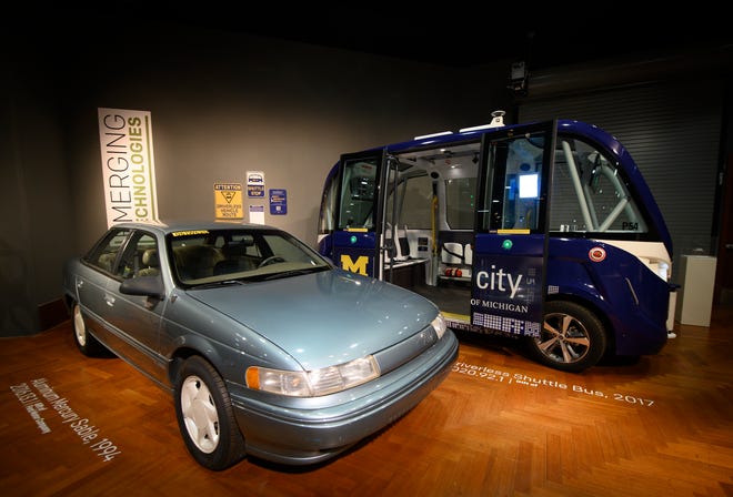 2017 ÒAutonomÓ Driverless Shuttle Bus used at the Mcity test facility on the University of MichiganÕs North Campus, and a 1994 aluminum Mercury Sable are part of a new exhibit at the Henry Ford Museum  "Collecting Mobility: New Objects, New Stories.", Wednesday, Oct. 20, 2021.