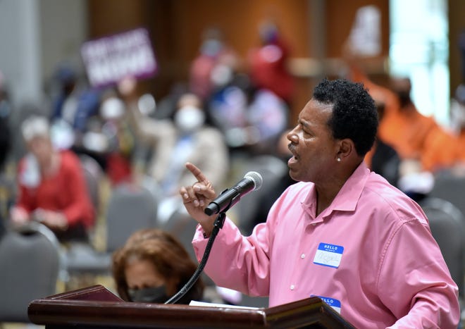 Michael Joseph, of Oak Park, President of the Detroit Chapter of CBTU (Coalition of Black Trade Unionists), a national civil rights organization, gives a passionate speech, Wednesday afternoon, October 20, 2021.
