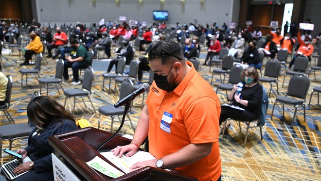 Salvador Sancen, of Dearborn, a member of LIUNA (Laborers' International Union of North America) Local 1191 Detroit, addresses the commission, Wednesday afternoon, October 20, 2021.