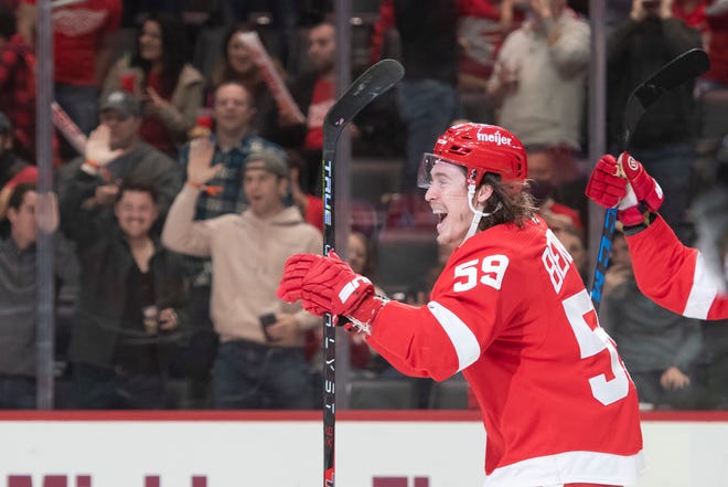 Detroit left wing Tyler Bertuzzi celebrate after scoring a goal during the third period of a game between the Detroit Red Wings and the Columbus Blue Jackets at Little Caesars Arena, in Detroit, October 19, 2021.