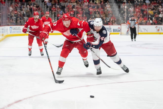 Detroit left wing Adam Erne and Columbus defenseman Vladislav Gavrikov battle for the puck during the third period of a game between the Detroit Red Wings and the Columbus Blue Jackets at Little Caesars Arena, in Detroit, October 19, 2021.