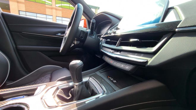 The 2022 Cadillac CT4-V Blackwing comes with a 6-speed manual, pictured, or 10-speed automatic. Auto rev-matching makes the manual a cinch to shift fast.