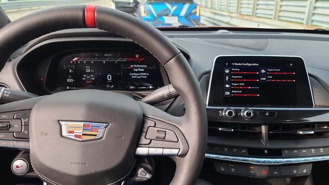 The cockpit of the 2022 Cadillac CT4-V (and CT5-V) includes a head-up display that projects the rev counter so you never have to take your eyes off the road when shifting at redline.
