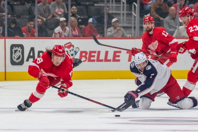 Detroit left wing Tyler Bertuzzi, left, and Columbus center Sean Kuraly battle for the puck during the first period.