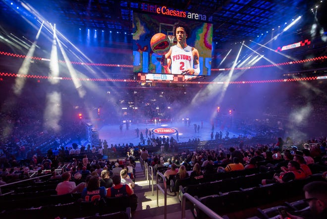 The players are introduced before the start of the Detroit Pistons’ season home opener against the Chicago Bulls, at Little Caesars Arena.