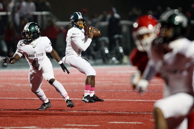 Detroit Cass Tech’s Leeshaun Mumpfield (16) looks to throw a pass during their high school football game against Orchard Lake St. Mary’s on Thursday, October 21, 2021 at Orchard Lake St. Mary's High School in West Bloomfield Township.