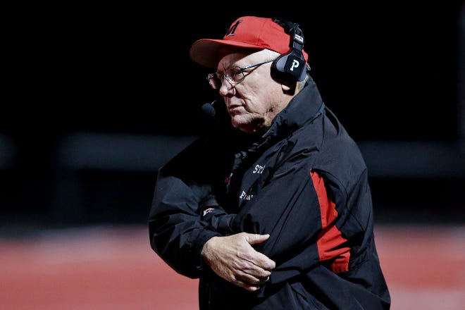 Orchard Lake St. Mary’s coach George Porritt looks on during their high school football game against Detroit Cass Tech on Thursday, October 21, 2021 at Orchard Lake St. Mary's High School in West Bloomfield Township.