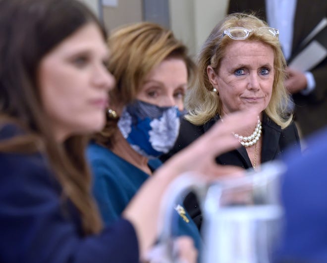 (L-R): US Congresswoman Haley Stevens, US House Speaker Nancy Pelosi and US Congresswoman Debbie Dingell attend the roundtable meeting, Saturday afternoon October 23, 2021.