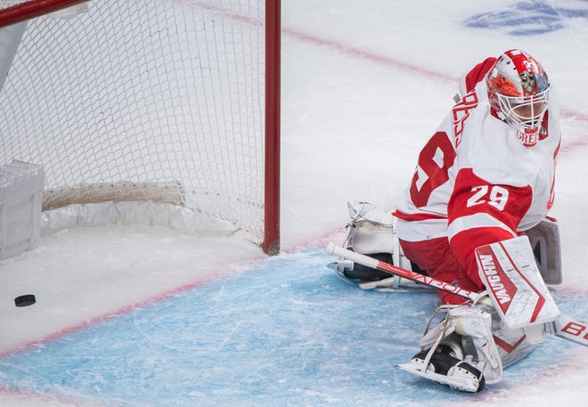 Red Wings goaltender Thomas Greiss gives up a goal to Montreal Canadiens' Mike Hoffman during the first period.