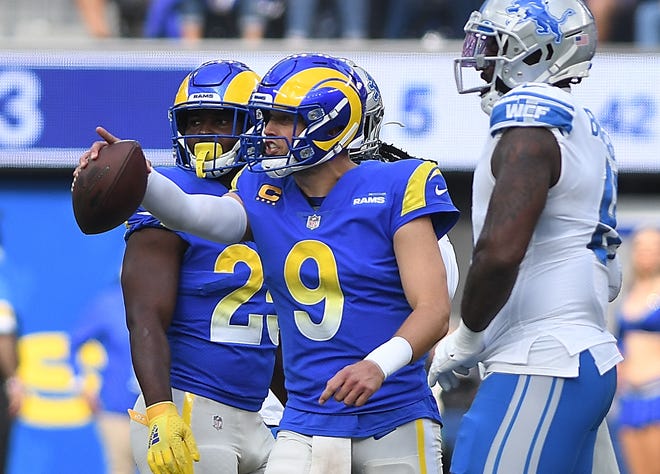 Rams quarterback Matthew Stafford yells out to the officials on a play in the second quarter.
